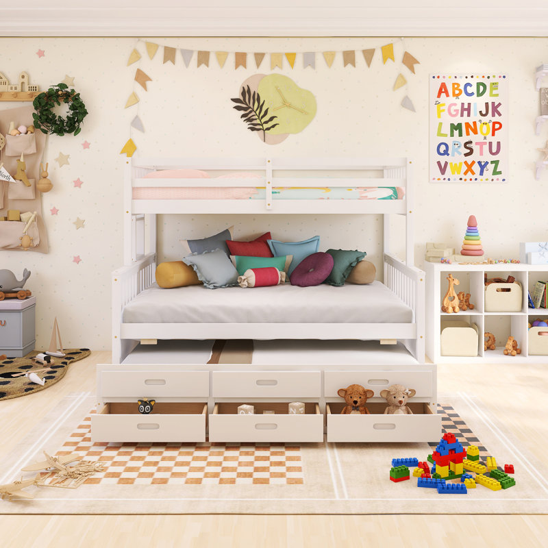 Wood Frame Twin Over Full Size Separable Bunk Bed With Drawers And Twin Size Trundle, White