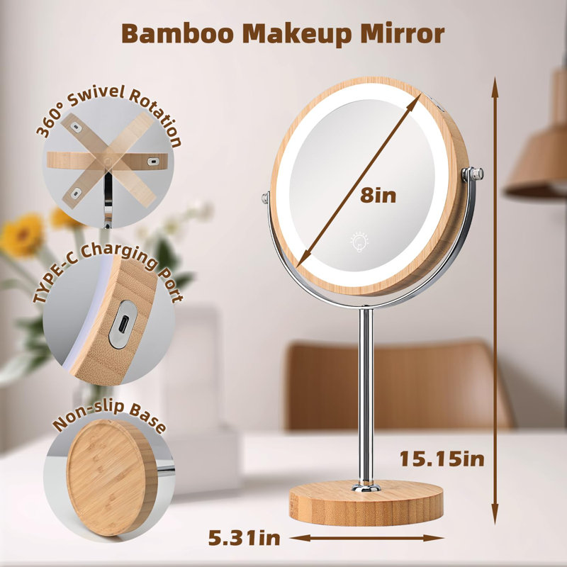 Lighted Makeup Mirror, Rechargeable 8" Bamboo Vanity Mirror, 1X/10X Magnifying Vanity Mirror With 3 Colours Dimmable Lightning, 360° Rotation Double Sided Cosmetic Light Up Mirror