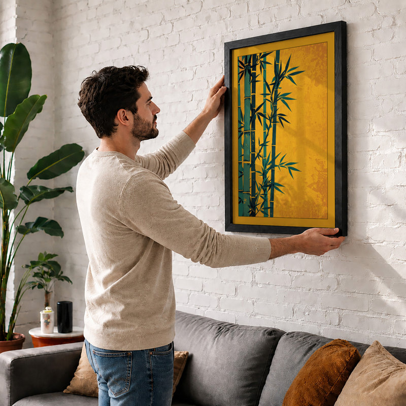 Bamboo Against Gold Japandi - Framed Print, A1 - 84.1 x 59.4 cm, White