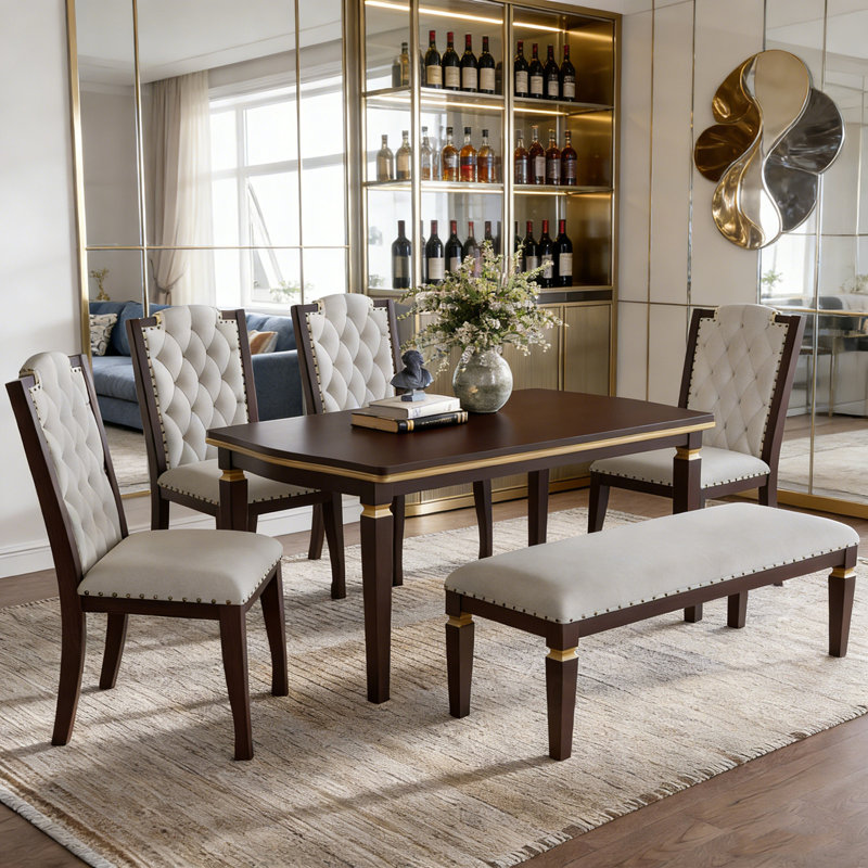 6 pièces Twiggs avec 4 chaises capitonnées à haut dossier et 1 banc, Espresso