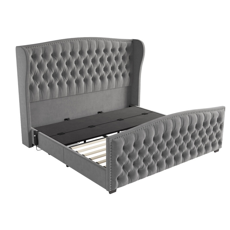 Grand lit ajustable DuJuan H 50,8 po avec garniture cloutée et tête de lit capitonnée, gris, Grand lit, Gris