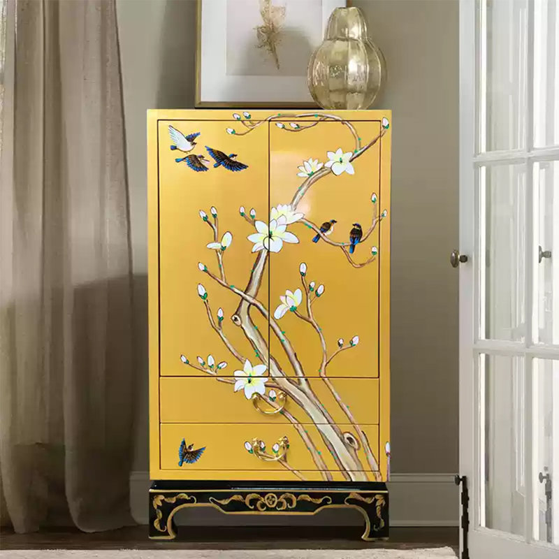 Armoire de rangement en bois massif avec art peint à la main