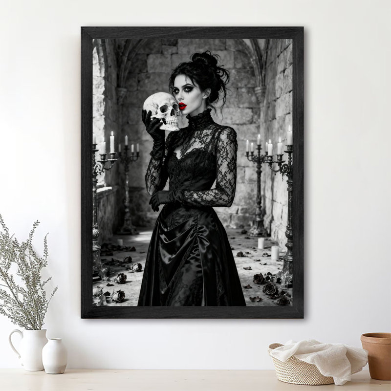 «Black», encadré noir, rétro, gothique romantique, dames et crâne, art mural, impressions de style rétro, H 17 po x l 13 po