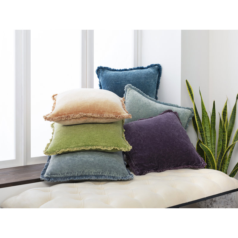 Steph Fringed Cotton Reversible Throw Pillow, 20" x 20", Sage, Polyester/Polyfill