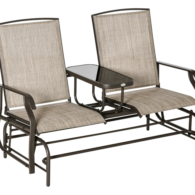 Outdoor Glider Bench With Table - Metal Frame Patio Brown. Double Gliding Relax, Breathable Fabric Chairs, Steel Garden Center , Brown Delight, For And Porch