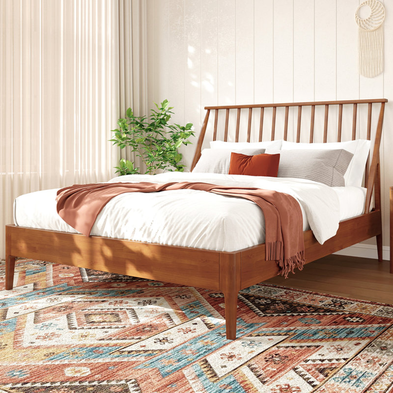Solid Bamboo Wood Spindle Platform Queen Bed with 46.5" Tall Headboard, Bohemian Bed Frame with Wooden Slats and Metal Support, Mid-Century Modern Style,No Box Spring Needed,Warm Brown
