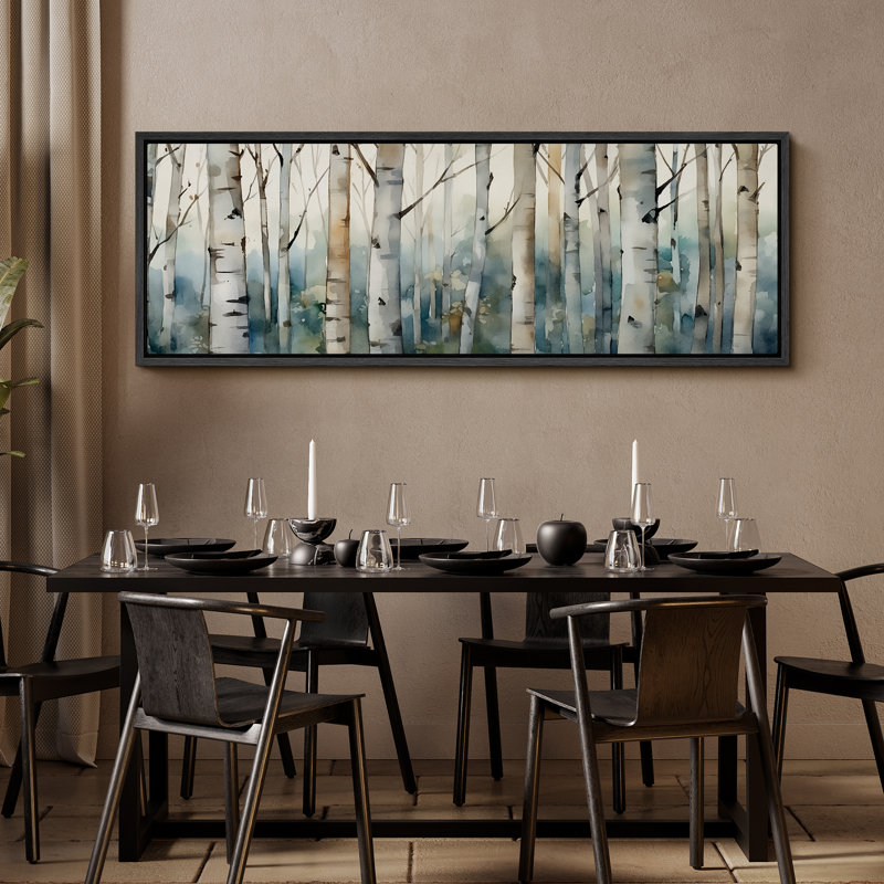 «Blue Birch Tree Forest», impression sur toile encadrée surdimensionnée, H 20 po x l 60 po, Noir, noir, noir, noir