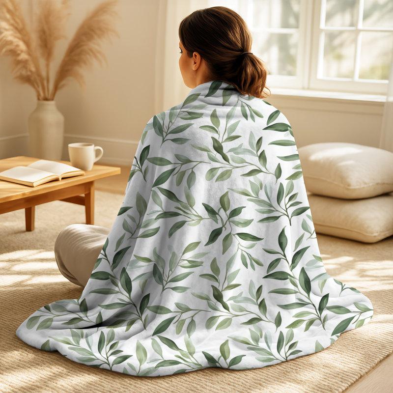 Olive Branches I - Couverture polaire à motif floral vert
