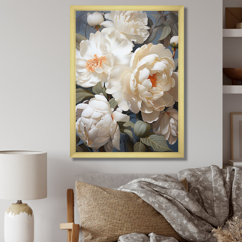 «Beige Fragrant Peony Bliss I» sur toile, Cadre photo doré, H 44 po x l 34 po x P 1,5 po