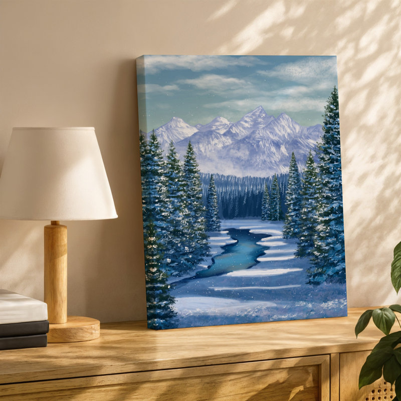 Toile, "Un paysage d'hiver serein avec une rivière tranquille recouverte de neige qui traverse une forêt dense d'arbres à feuilles persistantes"