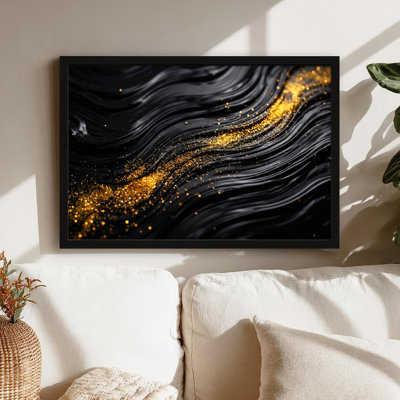Art mural sur toile noir encadré pour le salon, la chambre à coucher, le bureau ou le vestibule - décoration murale décorative avec or noir