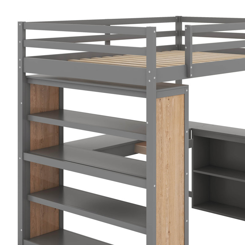 Lit mezzanine double avec tablettes et bureau, gris