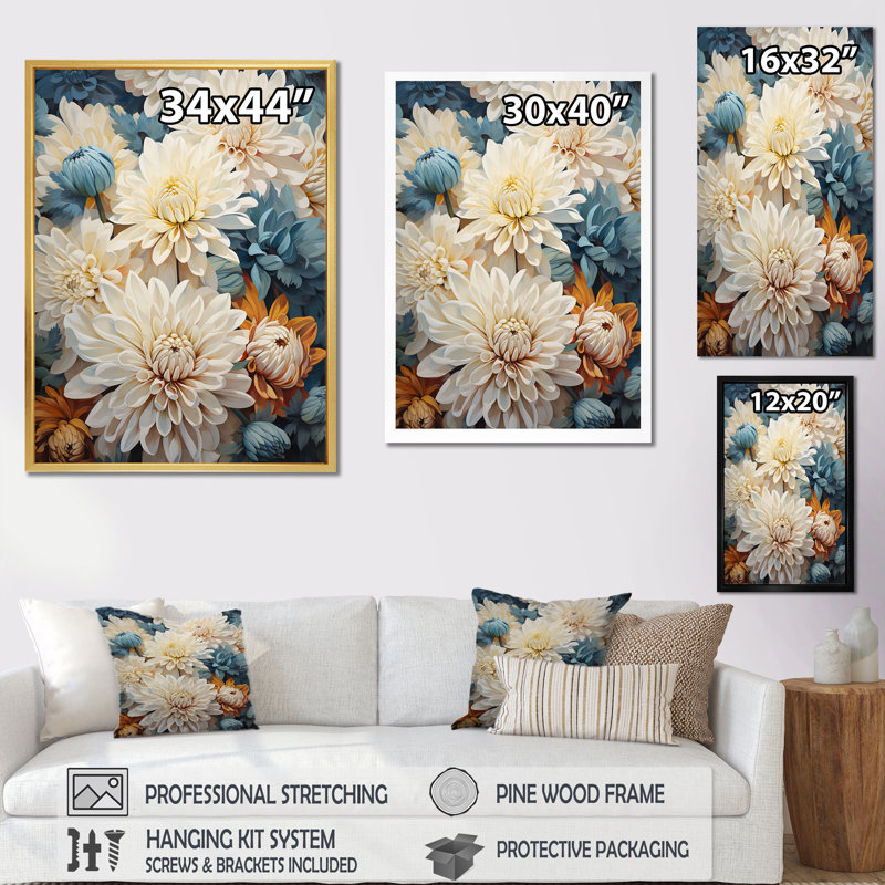 «White Mums In Blue Dream I», reproduction sur toile, Cadre doré simple, H 32 po x l 16 po x P 1 po