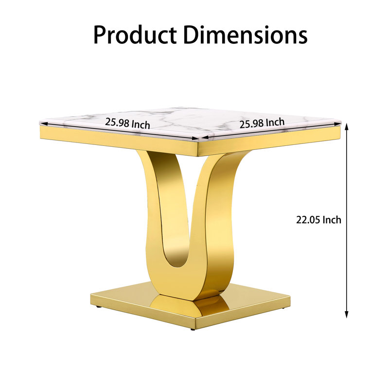 Gracianna White Square Side Table with silver Metal U-Base, Gold, White