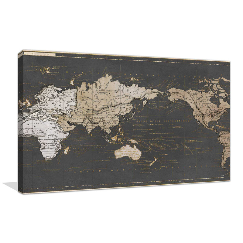 «World Map in Gold and Gray», impression, H 18 po x l 30 po, Toile tendue, Sans cadre