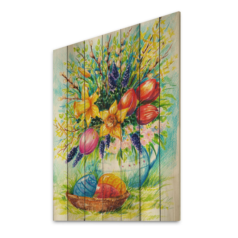Bouquet de fleurs et d'œufs de Pâques - peinture sur bois sans cadre, H 20 po x l 12 po x P 1 po