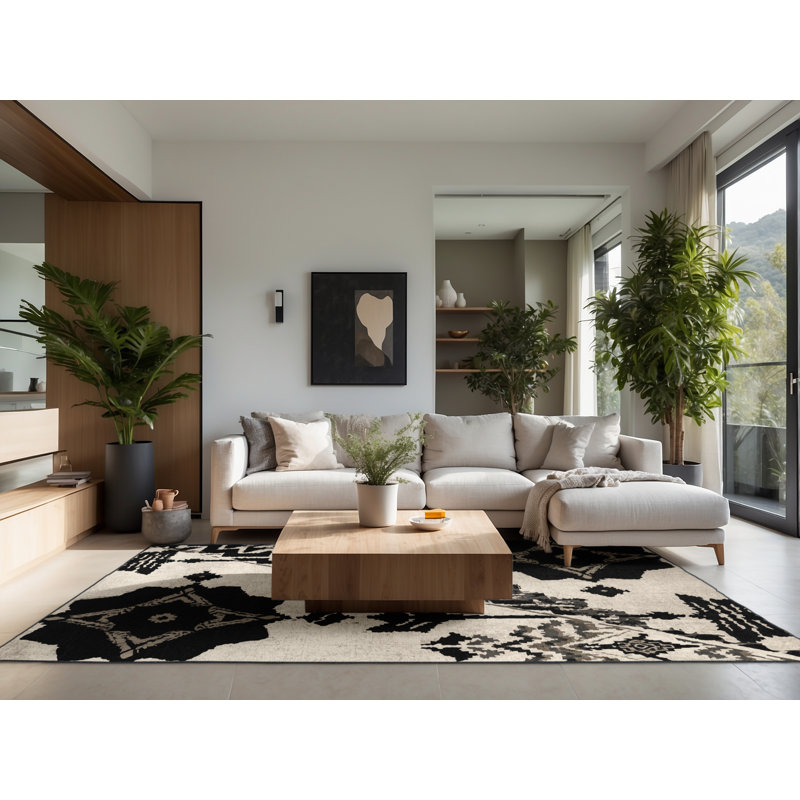 Tapis beige doux et moelleux à motif géométrique bohème Eiler, 7x10