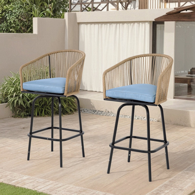 Ensemble de 2 tabourets de bar d'extérieur, chaise de bar en rotin toutes saisons avec accoudoirs et dossier, osier PE