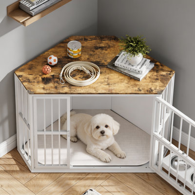 Space-Saving Corner Dog Crate Furniture – Wooden Indoor Kennel End Table with 360° Rotating Door, Stainless Steel Feeding Bowls, Decorative Design for Small Dogs, White