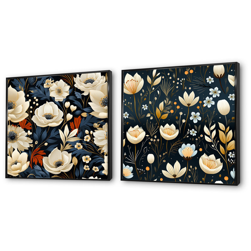 Guillaume - Ensemble de 2 impressions sur toile florales, Cadre noir, H 30 po x l 61 po x P 1 po
