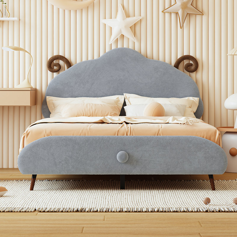 Grand lit plateforme tapissier avec tête de lit en forme de mouton, Gris, Lit double