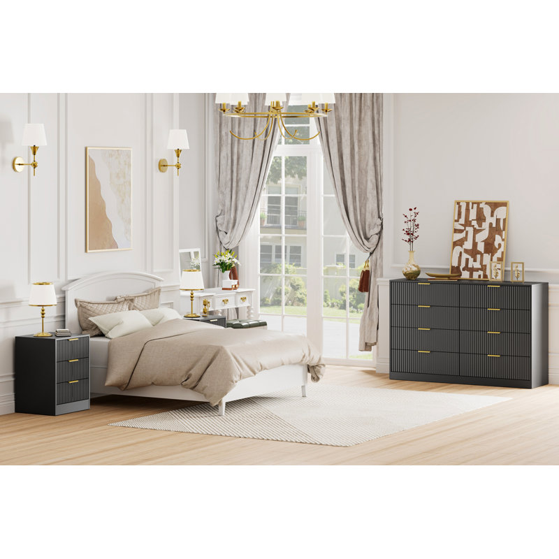 Ensemble 3 pièces commode 8 tiroirs et table de chevet 3 tiroirs, Noir