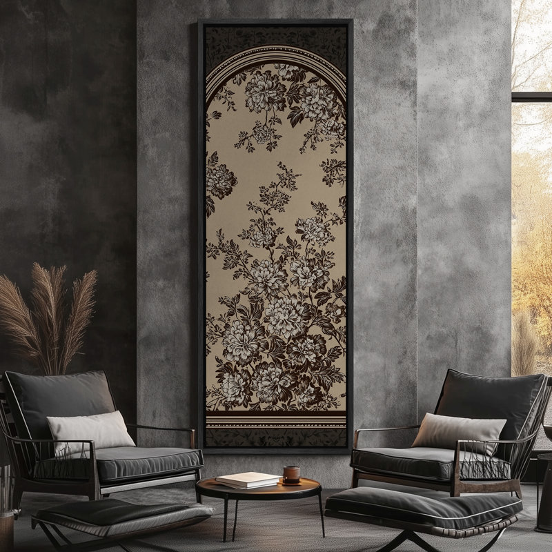 Arche botanique classique avec motif floral complexe - reproduction d'art sur toile encadrée, Noir