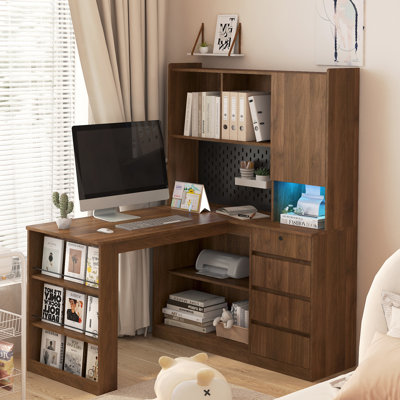 Bureau en L avec chargeur, bureau d'ordinateur avec tiroirs, bibliothèque, avec éclairage à DEL, bureau d'angle moderne, bureau à domicile, bureau d'écriture en L, bureau d'ordinateur de coin avec rangement
