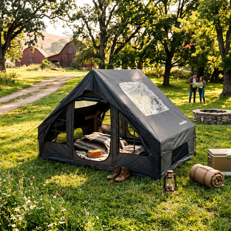 Tente de glamping gonflable avec structure à poutres d'air, abri de camping spacieux en tissu Oxford imperméable, fenêtres en filet et accessoires complets