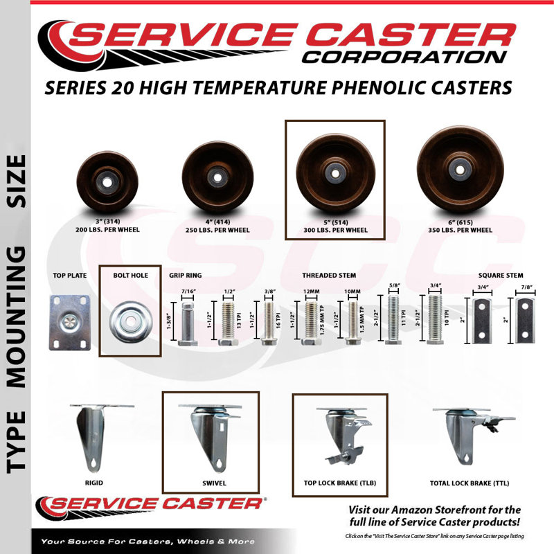 5 Inch High Temp Phenolic Wheel Swivel Bolt Hole Caster Set with Brake SCC