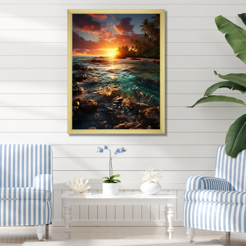 Plage, coucher de soleil, sérénade sur toile, L 24 po x H 32 po, Encadrement doré