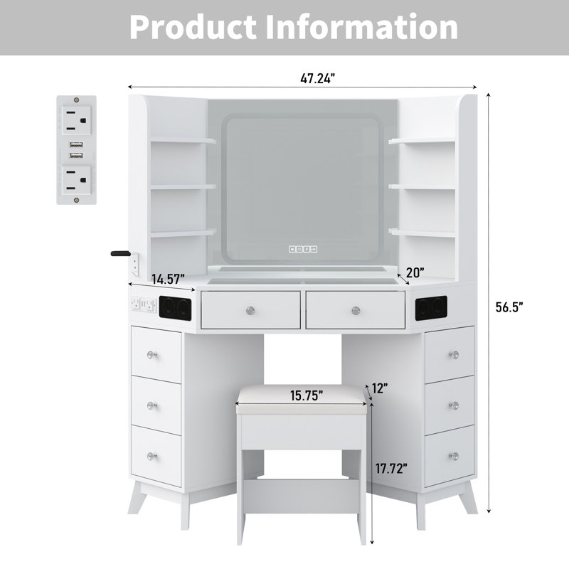 Corner Jamair Desk With Bluetooth Speaker, Modern Makeup Jamair With Mirror And Lights, 3 Color Lighting Modes, 8 Drawers And 6 Shelves Jamair Set, Glass Top Dressing Table With Chair For Bedroom