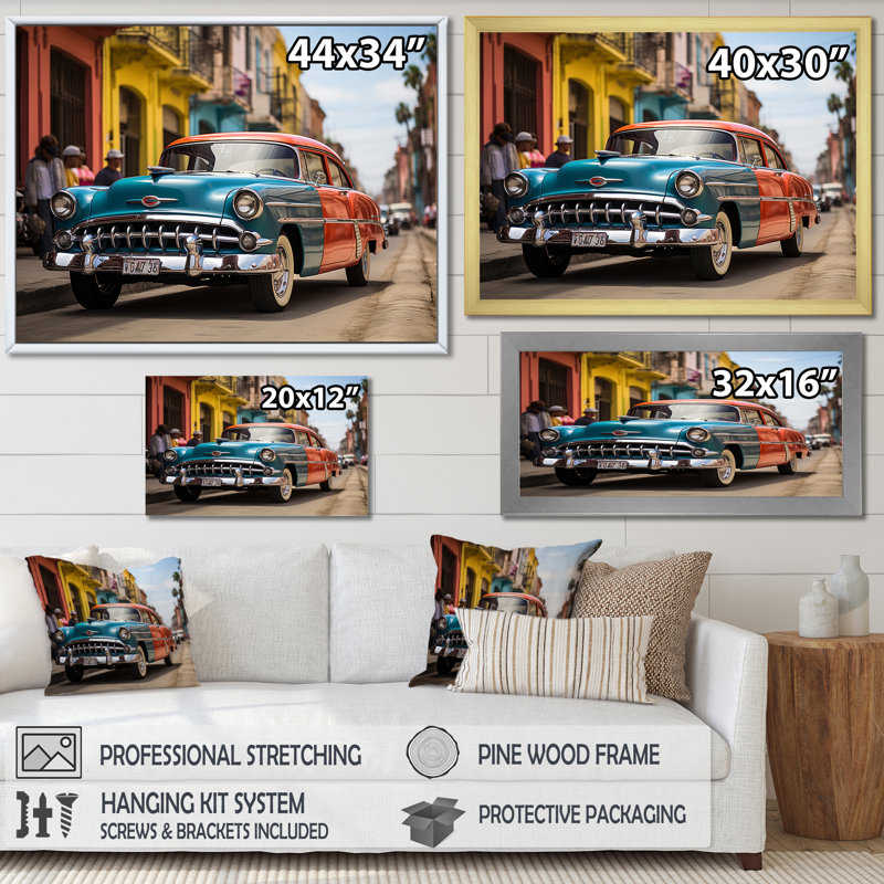 «Cuba Classic Iconic Car I», reproduction sur toile, Cadre simple blanc, H 30 po x l 40 po x P 1,5 po