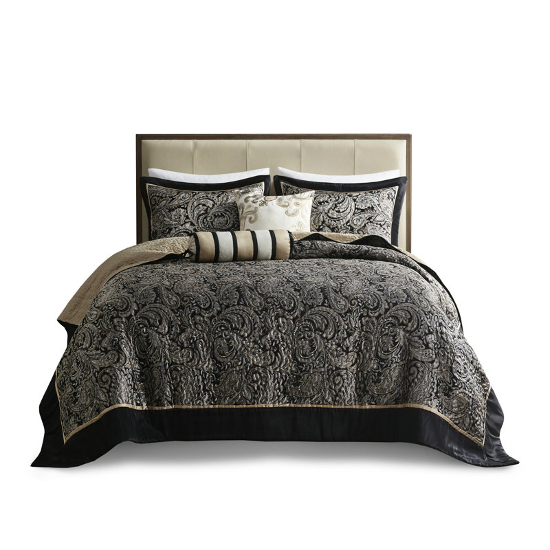 Couvre-lit 5 pièces pour grand lit - noir avec motif cachemire et housse en tissu