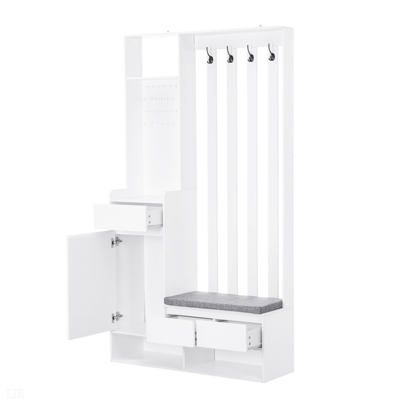 Arbre d'entrée contemporain l 39,3 po x H 70,8 po avec banc de rangement, panneau perforé et crochets pour vestibule, vestibule et espaces de vie modernes