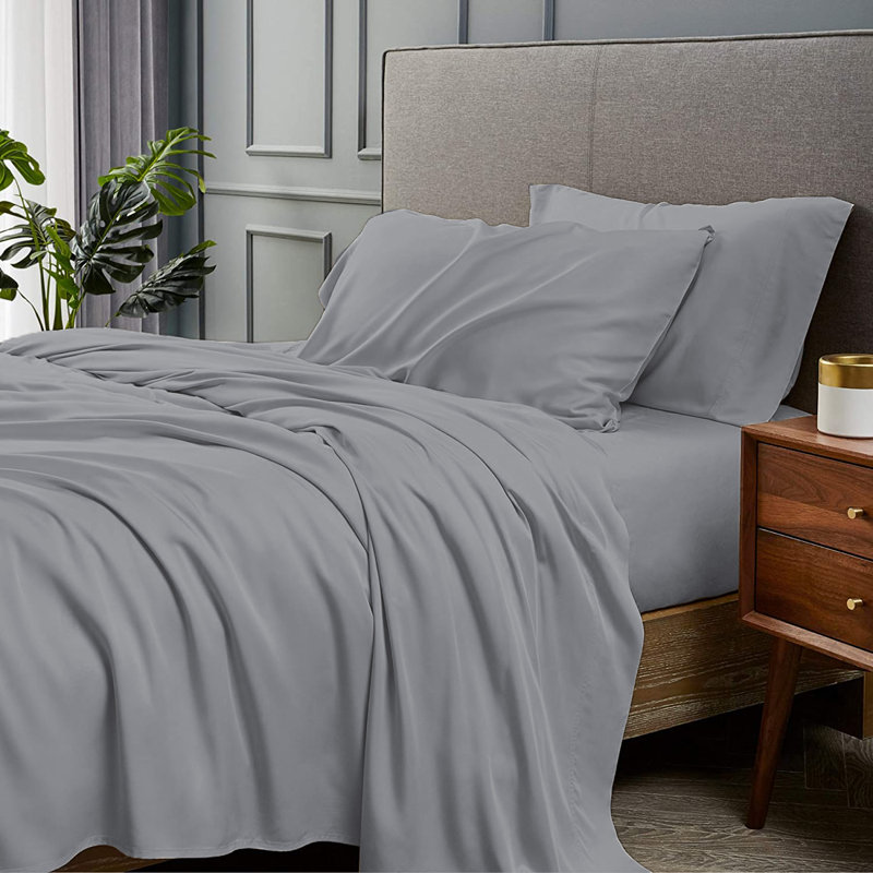 Ensemble de draps 4 pièces en rayonne de bambou, Ensemble de draps très grand californien avec 2 t, Gris clair