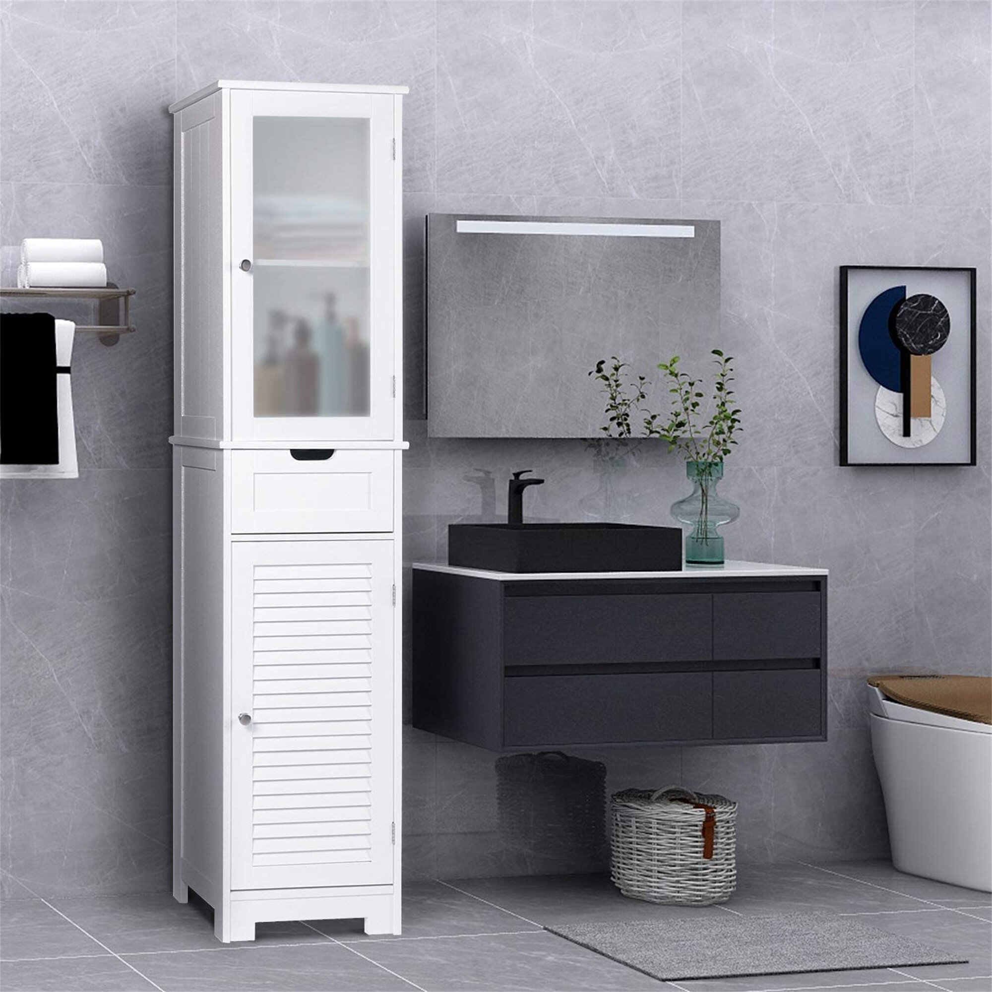 64.96 Tall Storage Cabinet, Floor Standing Cabinet with Shelves, Drawers  and Door, Thin Bathroom Cabinet Narrow Cabinet for Bathroom, Living Room  and