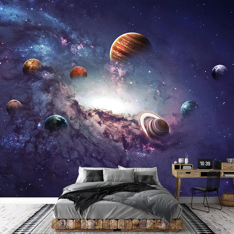 Murale à peindre système planète galaxie dans l'espace, L 100 po x l 144 po
