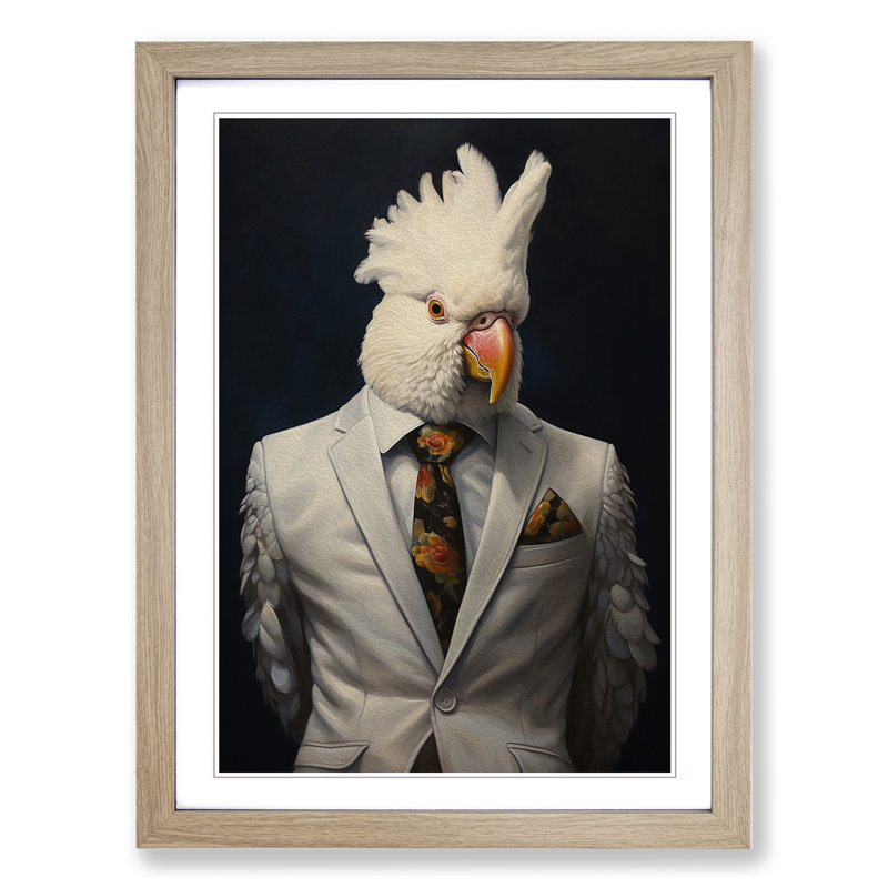 Cockatoo In A Suit Painting - Single Picture Frame Print on Wood, 64cm H x 46cm W x 2cm D, Oak Framed