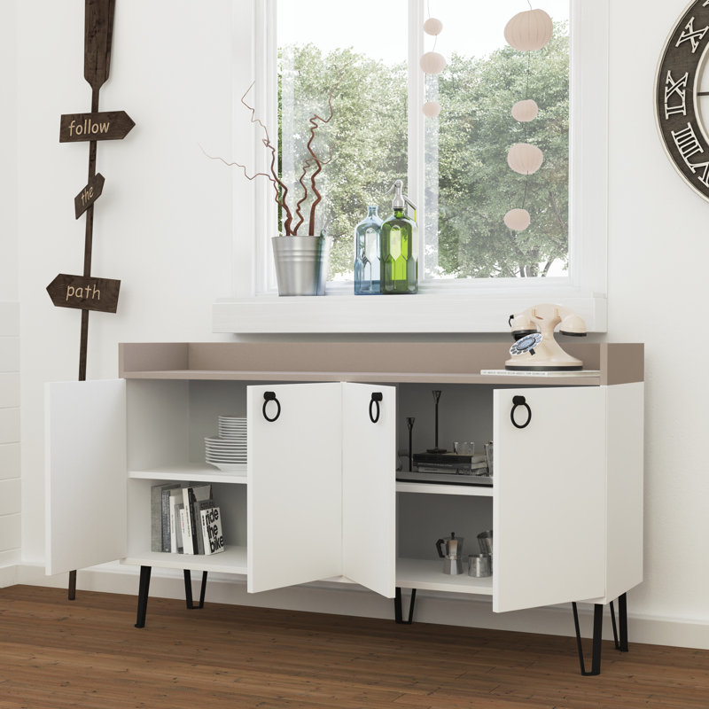 Brompton 140 Cm Wide Sideboard Modern Storage Cabinet with Hairpin Legs, White/Light Mocha