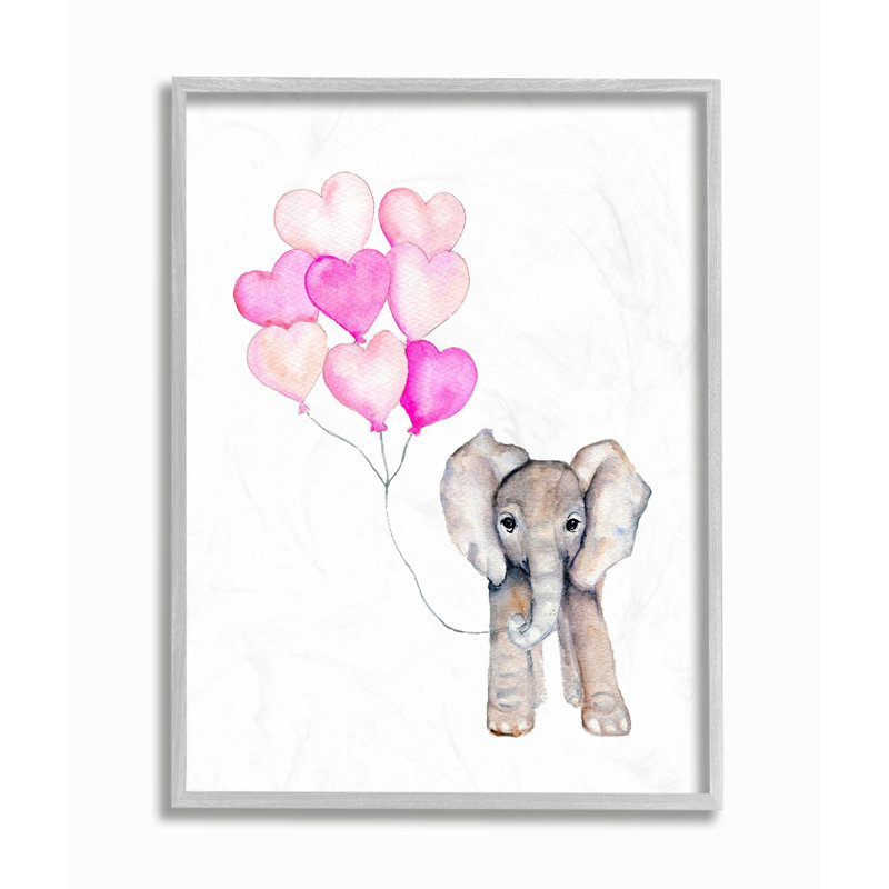 «Baby Elephant with Pink Heart Ballons», impression sur papier, H 20 po x l 16 po x P 1,5 po, Estampe numérique Farmhouse