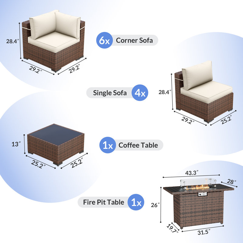 Ensemble de conversation modulaire en rotin Babak avec foyer et table basse, Crème, 10