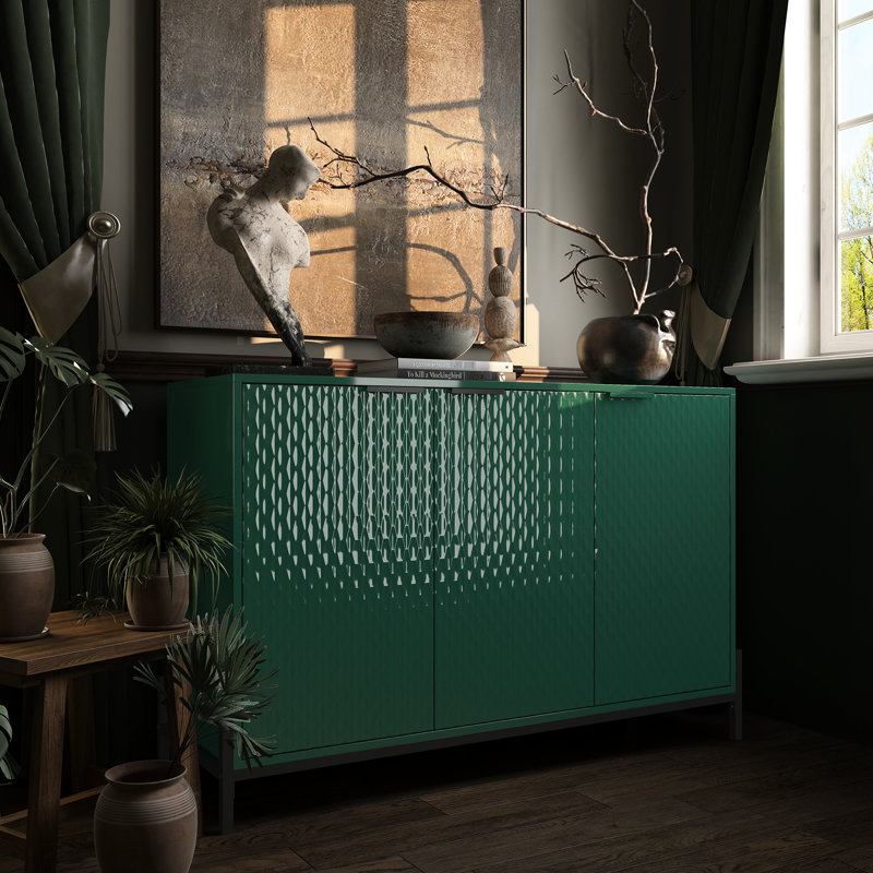 Buffet à 3 portes haute brillance avec pieds en métal thermolaqué, 32.27" H x 50.05" W x 15.2" D, Green