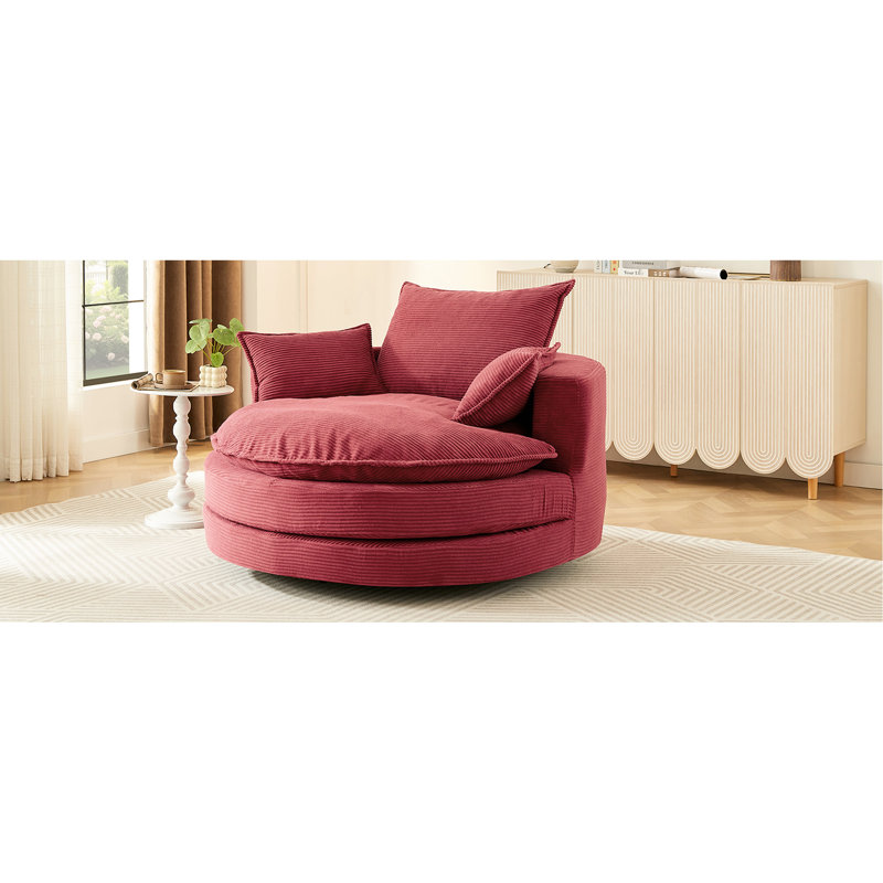 Fauteuil pivotant rond rouge à 360° avec coussin double couche, oreiller de soutien, mécanisme silencieux, revêtement en velours côtelé pour une sieste au bureau. Profondeur d'assise de 96,5 cm (38 pouces), 3 coussins amovibles, inclinaison douce.