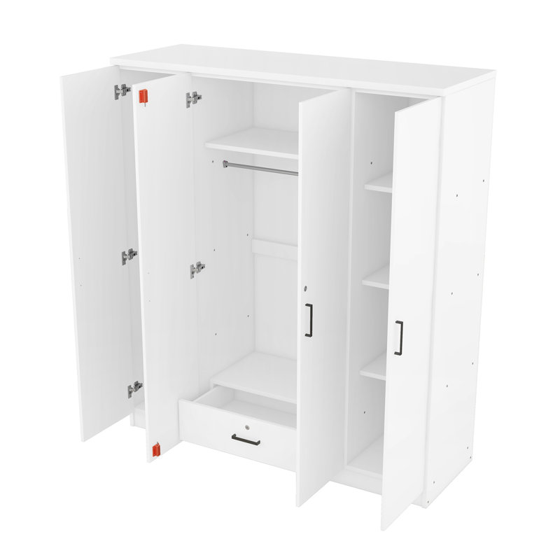 Garde-robe moderne à 4 portes avec tiroir et tringle, armoire de rangement pour vêtements de chambre à coucher, finition blanche