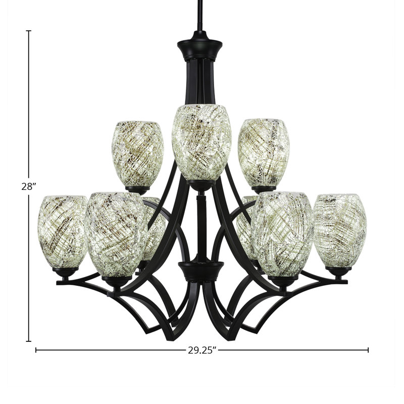 Lustre 9 lumières Zilo montré en finition noir mat avec verre de fusion naturel de 5 po, Noir mat