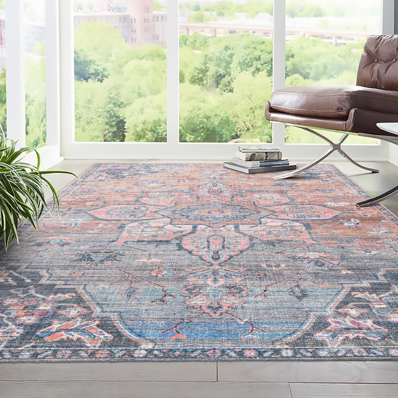 Tapis oriental rose / bleu Gwin, Rectangle 7 pi 10 po x 10 pi