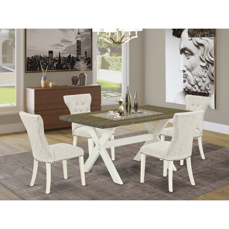 5 Piece Dining Room Table Set Includes a Rectangle Kitchen Table with X-Legs and 4 Doeskin Linen Fabric Parsons Dining Chairs, Wire brushed Linen White
