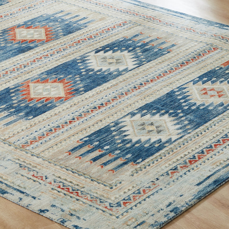 Sundance Mesa Canyon Ikat Blue Wool Hand Crafted Area Rug, Rectangle 7'6" x 9'6"