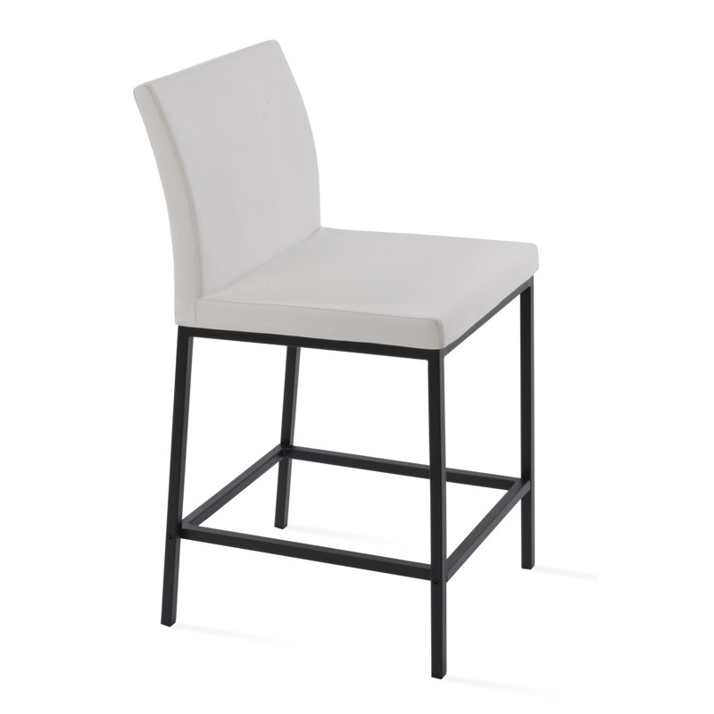 Tabouret Aria, Tabouret de comptoir (siège d'une hauteur de 24 p, Noir, Simili cuir blanc
